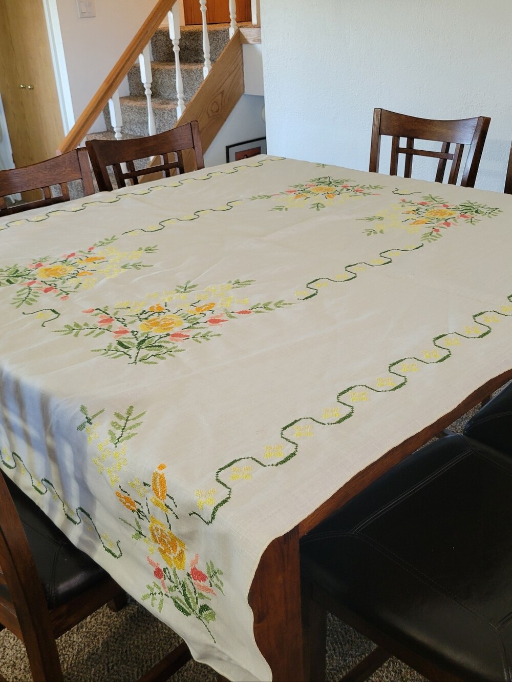 Hand-Embroidered Floral Tablecloth in Yellow & Green